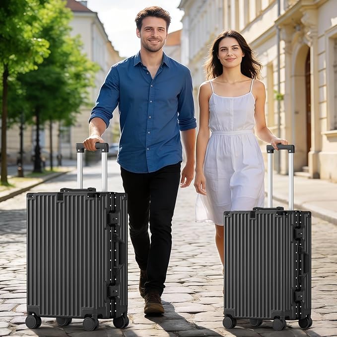 20 Inch Carry On Suitcase, Aluminum Frame Zipperless Hard Shell Luggage with Spinner Wheels, TSA Lock, USB Charging Port, Phone Holder, Cup Holder for Business Travel and Trips, Black