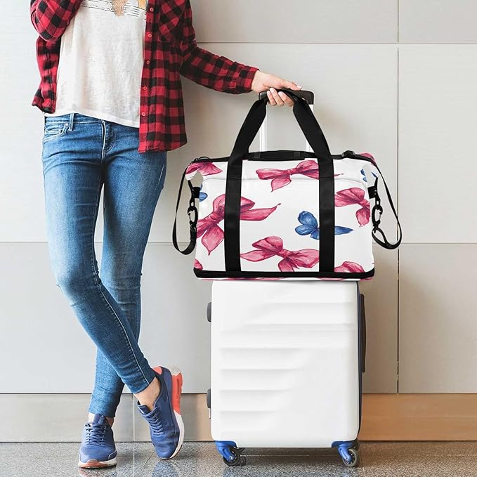 Travel Duffel Bags for Women Red Bow & Blue Butterfly Sports Duffel Bags Gym Bags with Shoes Compartment Tote Bag Weekender Bag for Travelling