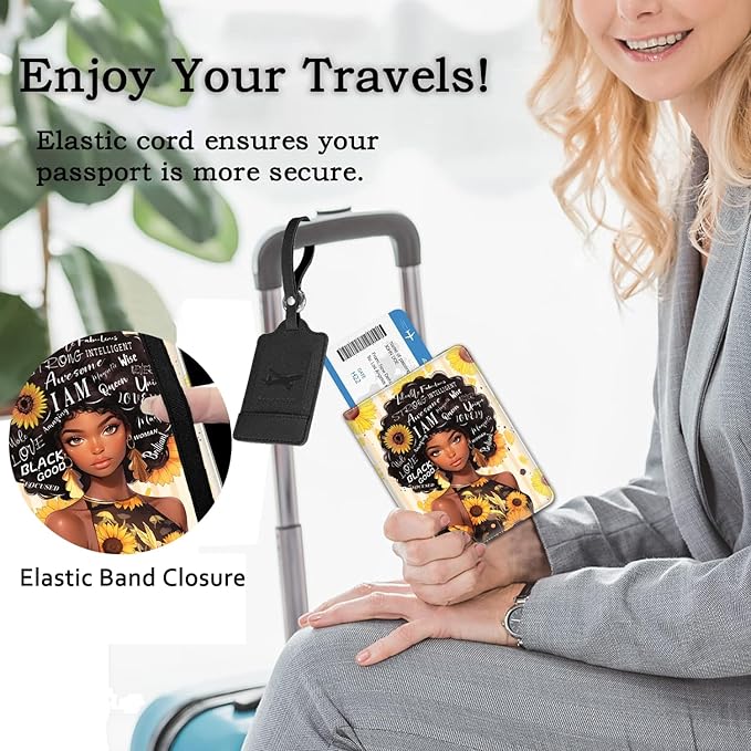 Passport Holder Women Wallet with Luggage Tag, Leather Passport Cover with RFID Blocking, Travel Accessories Multi Card Slot Passport Case for Men,African American Women Black Women