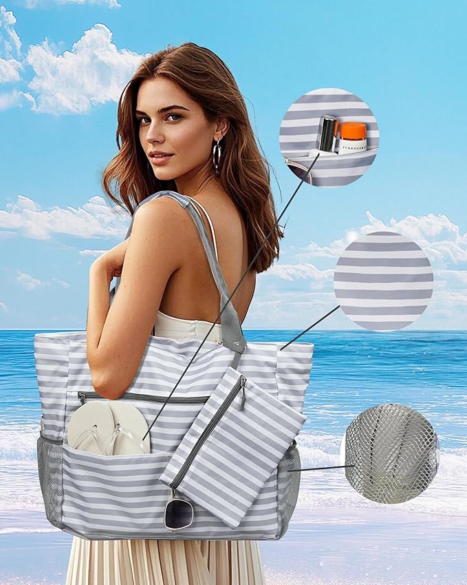 Beach Bag-Waterproof Sandproof Beach Totes with zipper Large Capacity Foldable for Women