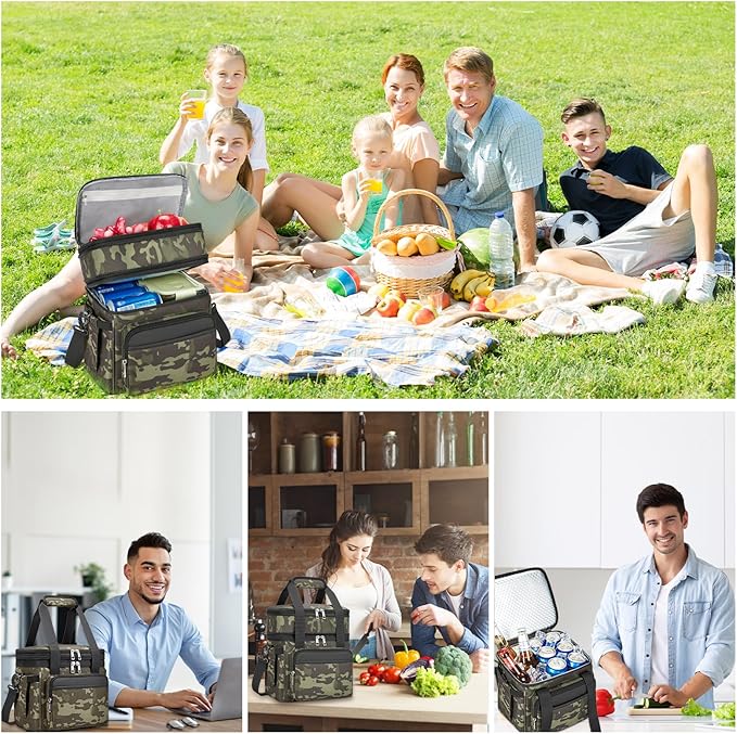 Insulated Lunch Bag & Lunch Box for Men - Double Deck Reusable Lunch Bag for Women Tote Cooler Bag Leakproof Soft Expandable - Extra Large Lunchbox for Work/Adult/Picnic/Outdoor (Camo,22L)