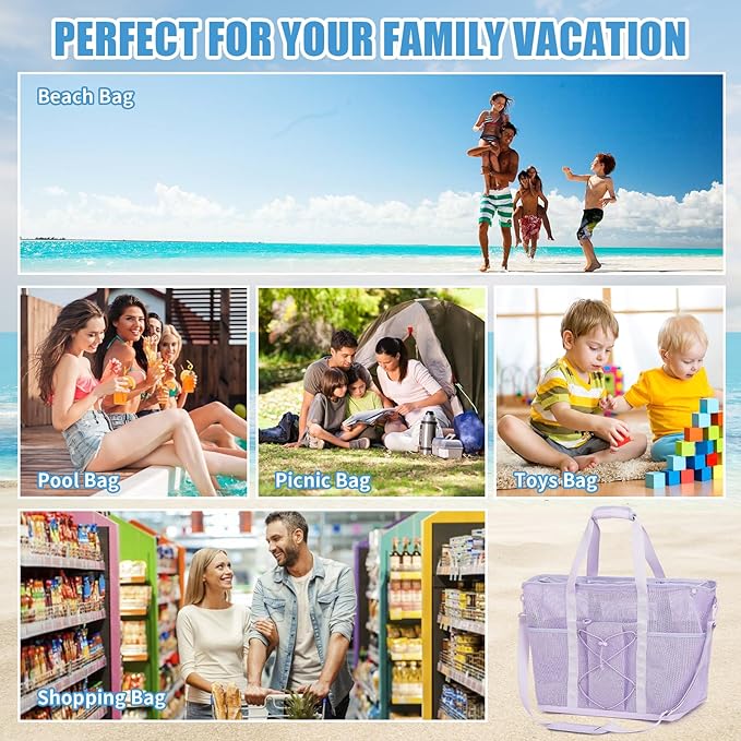 Mesh Beach Bag, Foldable Extra Large Beach Bags with Zipper Pool Bag with Portable Phone Pouch for Vacation Pool