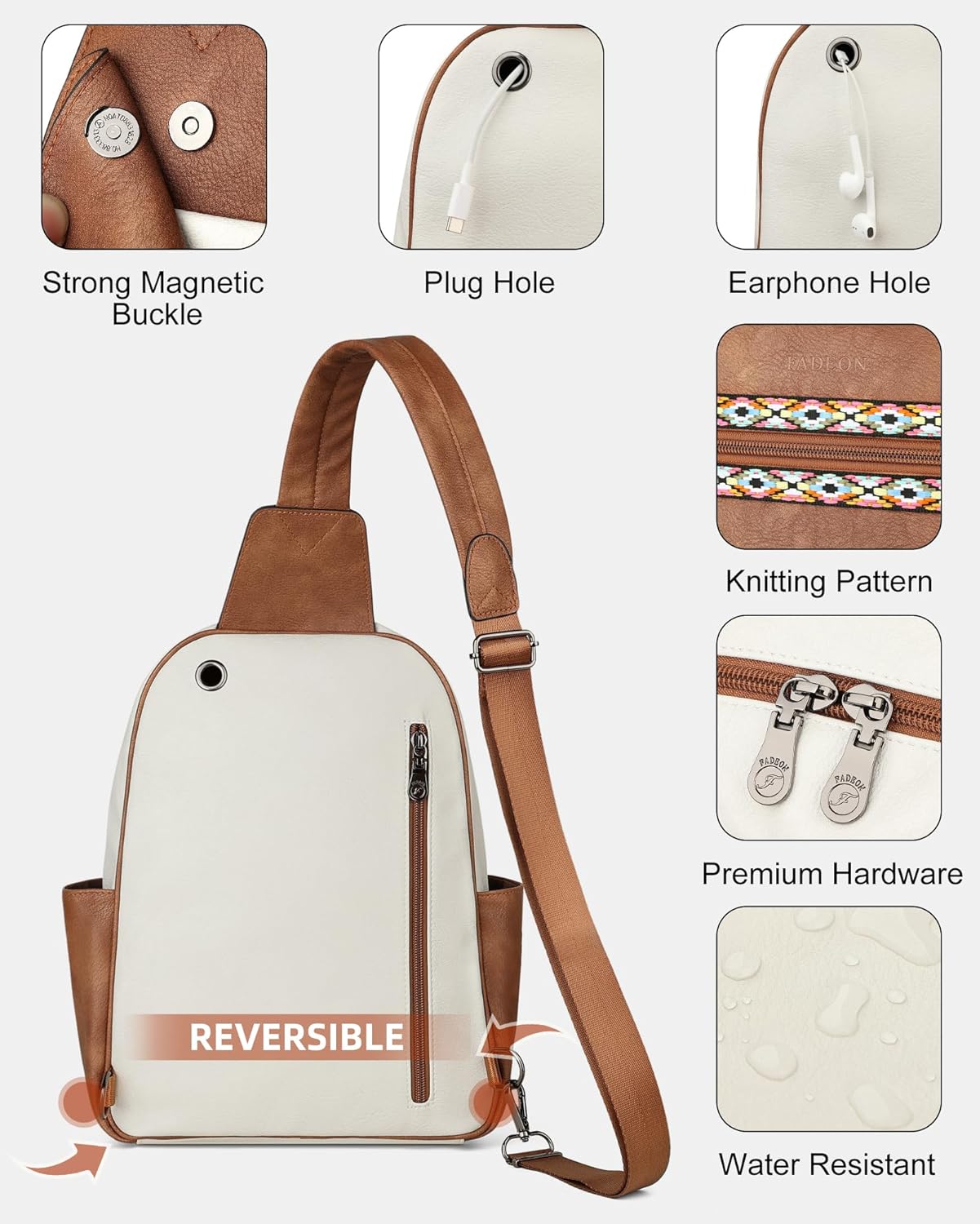 FADEON Large Sling Bag for Women, Leather Crossbody Purse Designer Anti Theft Sling Backpack, RFID Fanny Packs for Travel