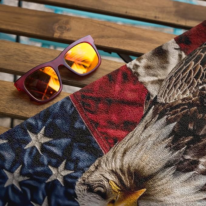 Patriotic American Eagle Beach Towel 30”x60” – 100% Cotton Velour, Absorbent, Quick-Dry, Easy-Pack for Spring Break, Vacation, Beach, Pool, or Sunbathing – Lightweight, Compact – USA Novelty Gift