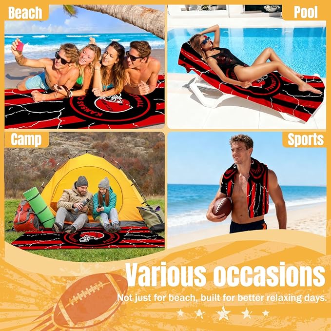 Football Fan Thin Lightweight Microfiber Beach Towel Kansas City Themed Big Absorbent Oversized Towels Men Women Gear Chiefs Team Boyfriend Bf Father Friend Christmas Xmas Father Day Gag Unique Gift