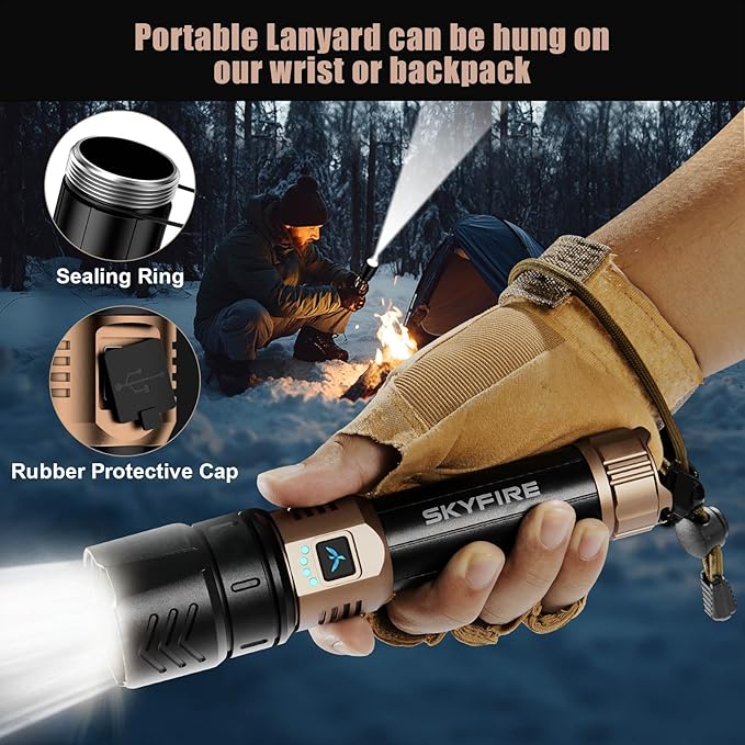SKYFIRE LED Flashlights High Lumens with Ignition Lens,2000lm Super Bright Rechargeable Flashlight, Zoomable,Four Modes,Waterproof Tactical Flash Light for Camping Essentials,Outdoor and Home,Gift