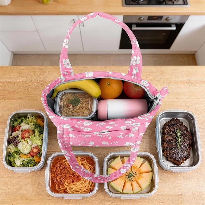Tote Lunch Bag Women Stylish Quilted Lunch Boxes for Adult Fit and Fresh Cooler Insulated Lunchbox for Work Large 10 Liters Cute Compact Lunchbag Waterproof Pink Floral