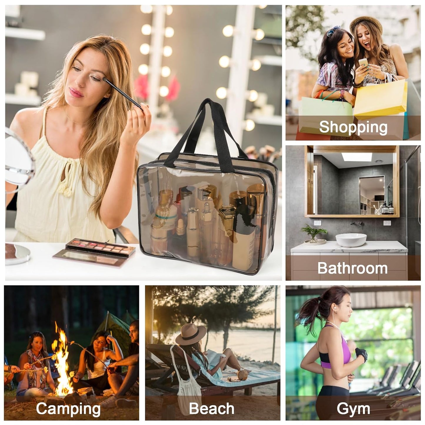 APREUTY Clear Makeup Bags, TSA Approved 6 Pcs Cosmetic Makeup Bags Set Clear PVC with Zipper Handle Portable Travel Luggage Pouch Airport Airline Vacation Organization (Black Brown)