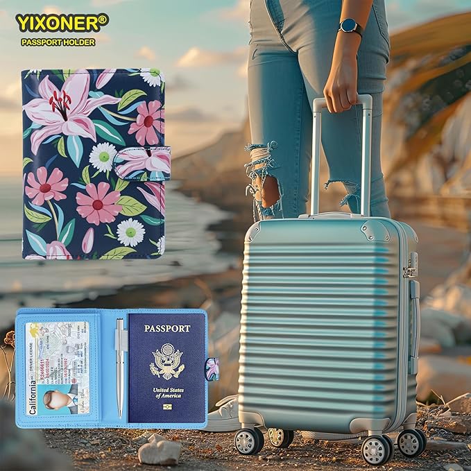 Passport Holder For Travel, RFID Blocking Passport Wallet, Passport Cover Secure & Front Pocket Money Holder For Men & Women, Travel Wallet, Lily With Daisy, Advanced Version