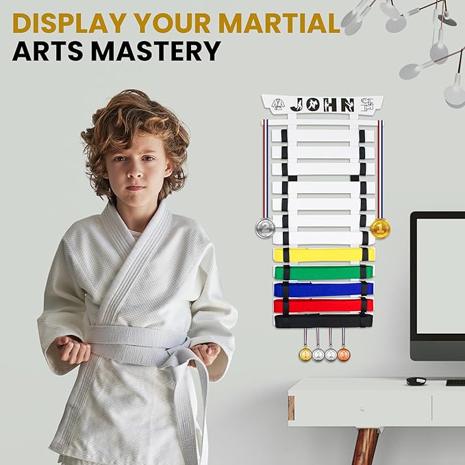 10/12 Belts Karate Belt Display Rack, Pure Bamboo Wood, Themed Stickers, Medal Hangers - Taekwondo Belt Display, Jiu Jitsu, BJJ, Martial Arts