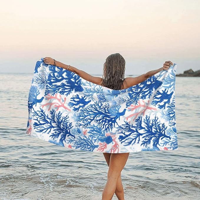 Blue Coral And Sea Pattern Sand Free Beach Towel – 27.5"X55" Quick Dry Microfiber Beach Towels For Travel, Swimming, Pool, And Camping, Absorbent And Compact Beach Essential For Women, And Men