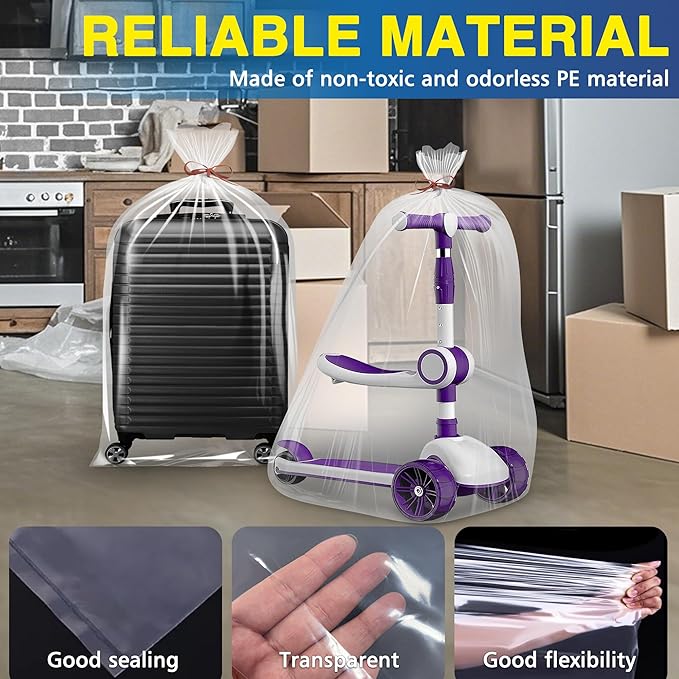 Extra Large Clear Plastic furniture Bags, 2 Mil Storage Bags Ideal for Car Seats, Suitcases, Strollers, Small Bikes, Attic Storage, Clothes, Xmas Trees, 5 Pack with 5 Ties, 40'' x 58''