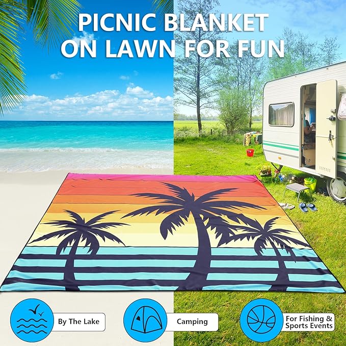 AISPARKY Beach Blanket Waterproof Sandproof Extra Large, Oversized Beach Mat, Quick Drying&Compact&Lightweight, Picnic Blankets Vacation Essentials for Outdoor Beach Camping (79" X 83" (4 Person))
