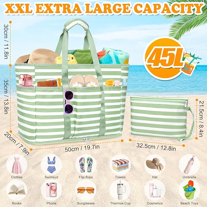 Large Beach Bag with Zipper, 12 Pockets Waterproof Sandproof Pool Bag Womens Mesh Beach Tote Bag for Travel Vacation