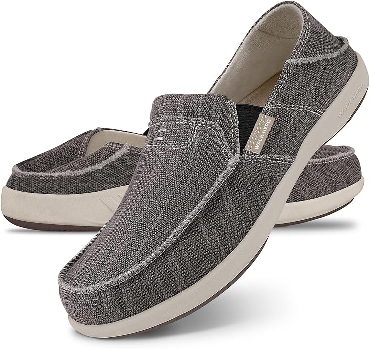 Mens Slip On Shoes, Canvas Mens Loafers with Arch Support, Orthopedic Mens Boat Shoes for Plantar Fasciitis, Indoor & Outdoor Walking Slippers Shoes for Pain Relief