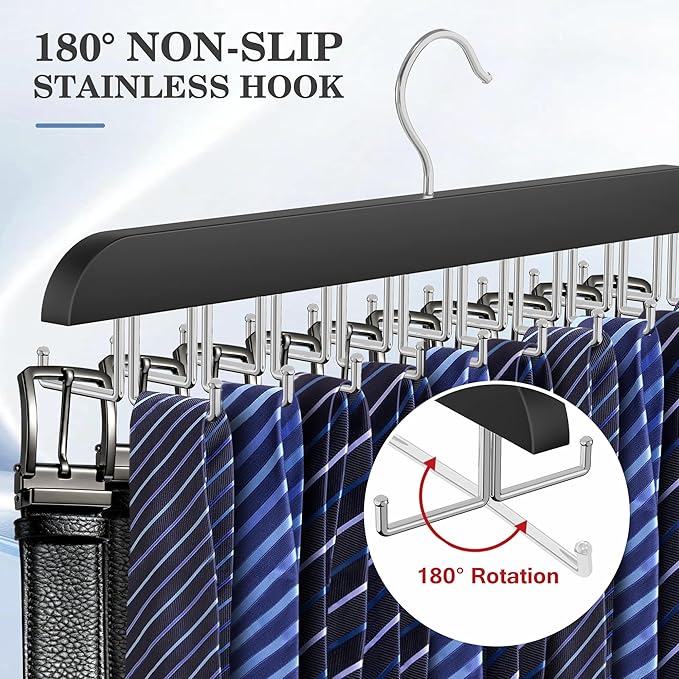 Tie Rack Hanger for Closet 20 Foldable Hooks, 1 Pack Wooden Non Slip Large Capacity Space Saving Tie and Belt Organizer with 360°Rotating Hooks for Tank Tops Bras Scarves Hat