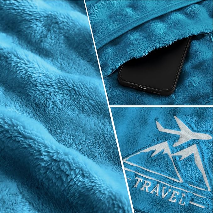 Travel Blanket and Pillow-2-in-1, Ultra-Soft&Compact, Airplane Blanket with Hand Luggage Belt and Backpack Clip,Travelers Accessories Gifts, 61x43 Inches(Green)