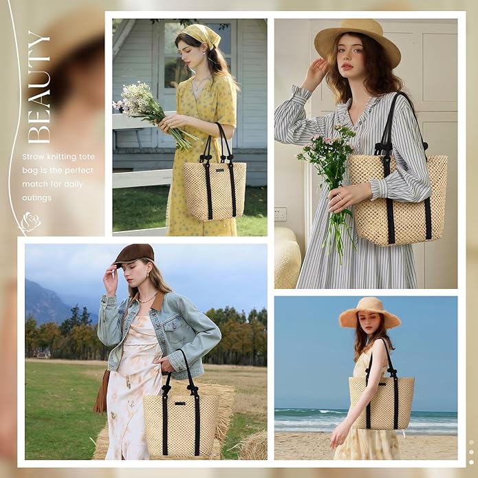 Straw Bags For Women, Crochet Beach Bag Large Woven Shoulder Purse Handbag, Beach Tote Straw Bag for Summer Vacation