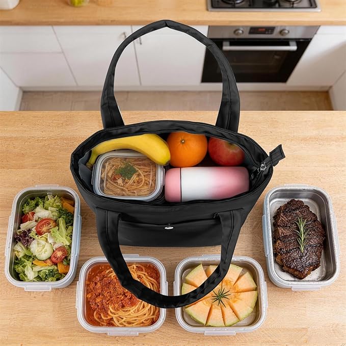 Tote Lunch Bag Women Stylish Quilted Lunch Boxes for Adult Fit and Fresh Cooler Insulated Lunchbox for Work Large 10 Liters Cute Compact Lunchbag Waterproof Black