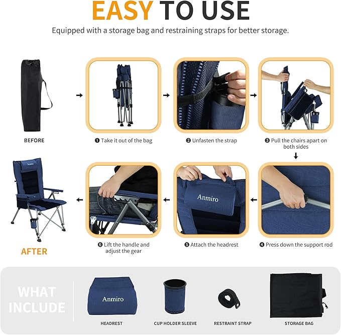 Folding Camping Chair with Cup Holder and Storage Bag, Heavy Duty Support 400 LBS, Oversized Collapsible Portable Adjustable Back Support Camping Chair for Outdoor (Adjustable-Blue)