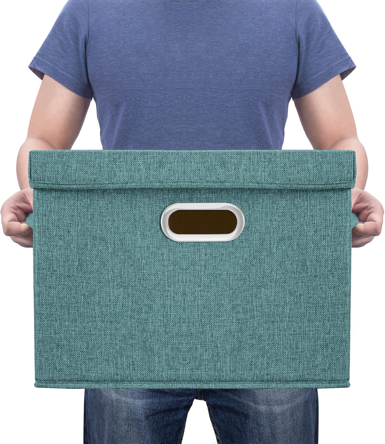 TYEERS Large Storage Bins with Lids, Collapsible, Washable, Fabric Storage Boxes for Organizing, 17.3x11.8x11.4 inches, 5 Pack, Aqua Deep