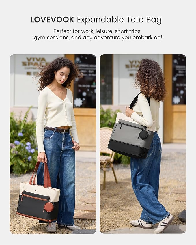 LOVEVOOK Tote Bag for Women, Expandable Laptop Work Bag 15.6 Inch, 33L Large Travel Handbag with 40oz Tumbler Holder, TSA