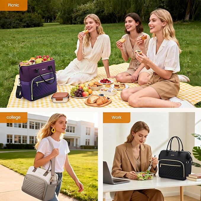 LOVEVOOK Lunch Bag Women, Insulated Adult Lunch Box for Women Work, Wide Opening Leakproof Cooler Tote Bag for Office Campus Picnic Beach with Shoulder Strap, Loncheras Para Mujer with Cup Holder