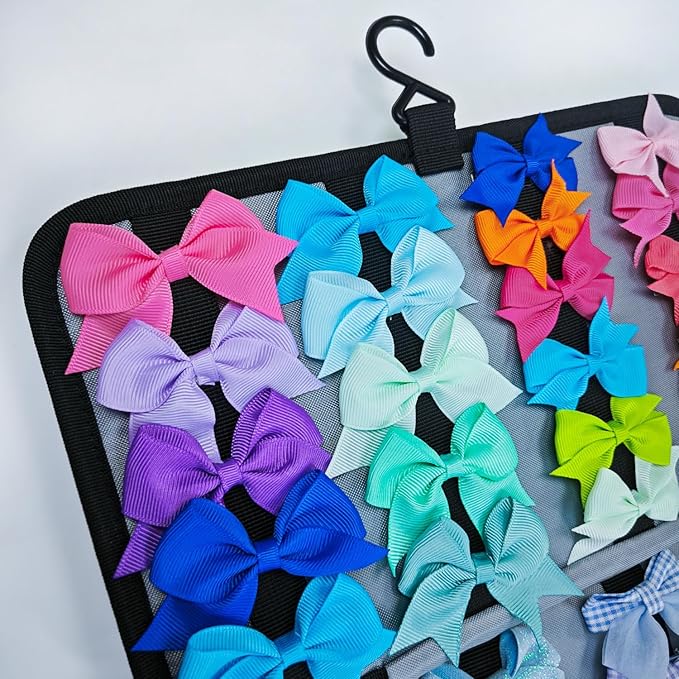 Baby Girl Hair Bow Organizer Bag - Multi-Pocket Hair Accessories Storage with Hanging Hook and Transparent Pockets for Hair Clips, Headbands, Scrunchies, Portable Travel Carrying Case (Pink)