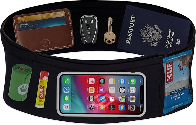 Sporteer VersaMax Anti-Theft Running Belt - Secure Double-Flap Waist Pack - Fits All Mobile Phones - Pickpocket-Proof Travel Money Belt & Medical Device Holder - Premium Nylon Spandex (Neutral, XL)