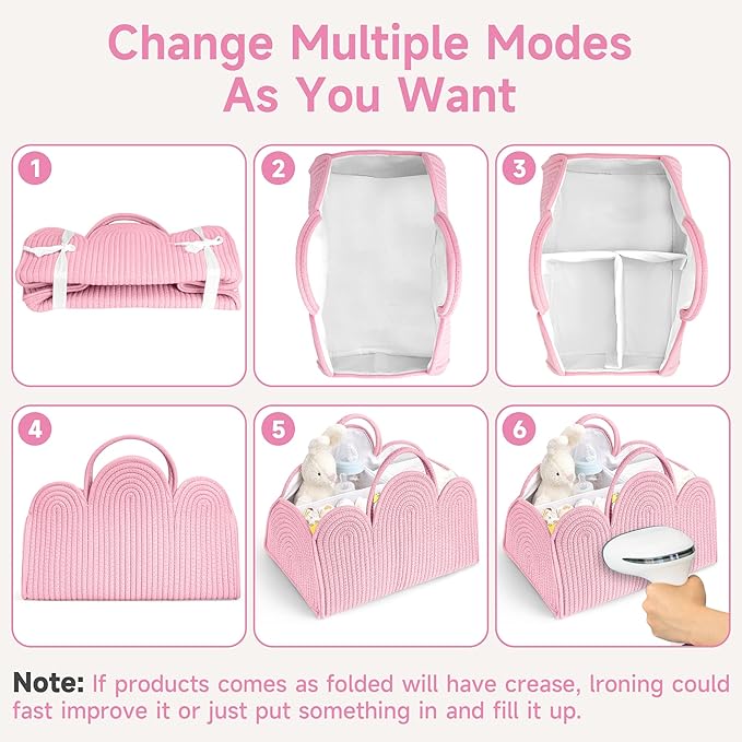 Diaper Basket Organizer - Cotton Pink Diaper Caddy Basket, Removable Diaper Storage Basket with Handle, Car Diaper Caddy, Boy & Girl Gift for Baby Shower and Registry Must-Pink