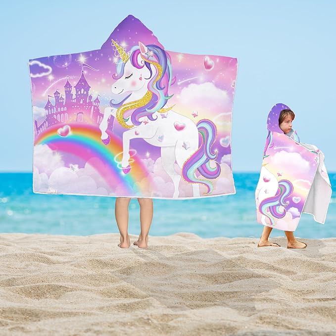 Unicorn Hooded Beach Towel, Unicorn Kids Hooded Poncho Towel for Girls, Cute Cartoon Soft Absorbent Bath Towels Pink with Hood for Kids Toddler 30”x50”, Bathrobe with Hood for Swin Pool Bath