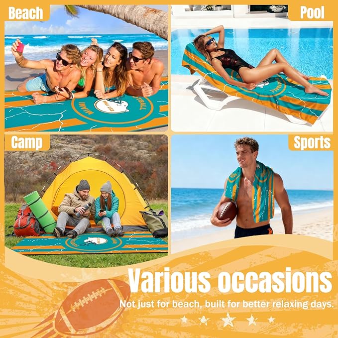 Football Fan Thin Lightweight Microfiber Beach Towel Miami Themed Large Sand Free Oversized Absorbent Men Women Gear Dolphins Team Dad Husband Guy Him Birthday Anniversary Personalized Unique Gift