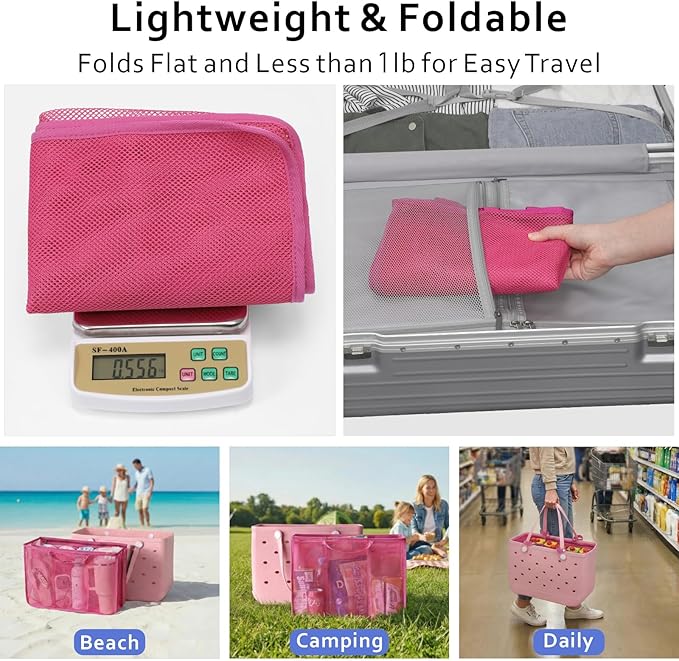 F-color Beach Bag Organizer Insert Compatible with Silicon Bag Original Large, Mesh Tote Liner with 10 Pockets & Adjustable Handle, Lightweight Divider Pouch for Beach Accessories Organizing, Pink