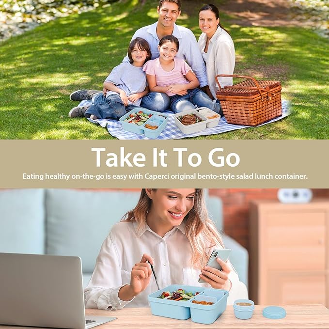 Caperci 2 Pack Salad Container for Lunch - 62 oz Large Bento Lunch Box for Adults, 2-Compartment Meal Prep Container with Removable Toppings Tray, Sauce Cup, Reusable Fork, BPA-Free (Blue & Tofu)