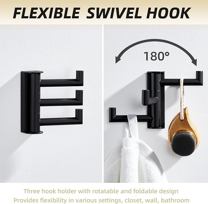 APLusee Swivel Towel Hook, 304 Stainless Steel Foldable Clothes Hook with Multi Three Rotating Arm, Flexible Bathroom Kitchen Storage Hanger Wall Mounted, Matte Black