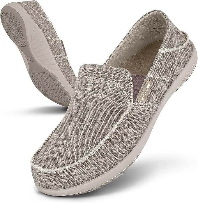 Mens Slip On Shoes, Canvas Mens Loafers with Arch Support, Orthopedic Mens Boat Shoes for Plantar Fasciitis, Indoor & Outdoor Walking Slippers Shoes for Pain Relief
