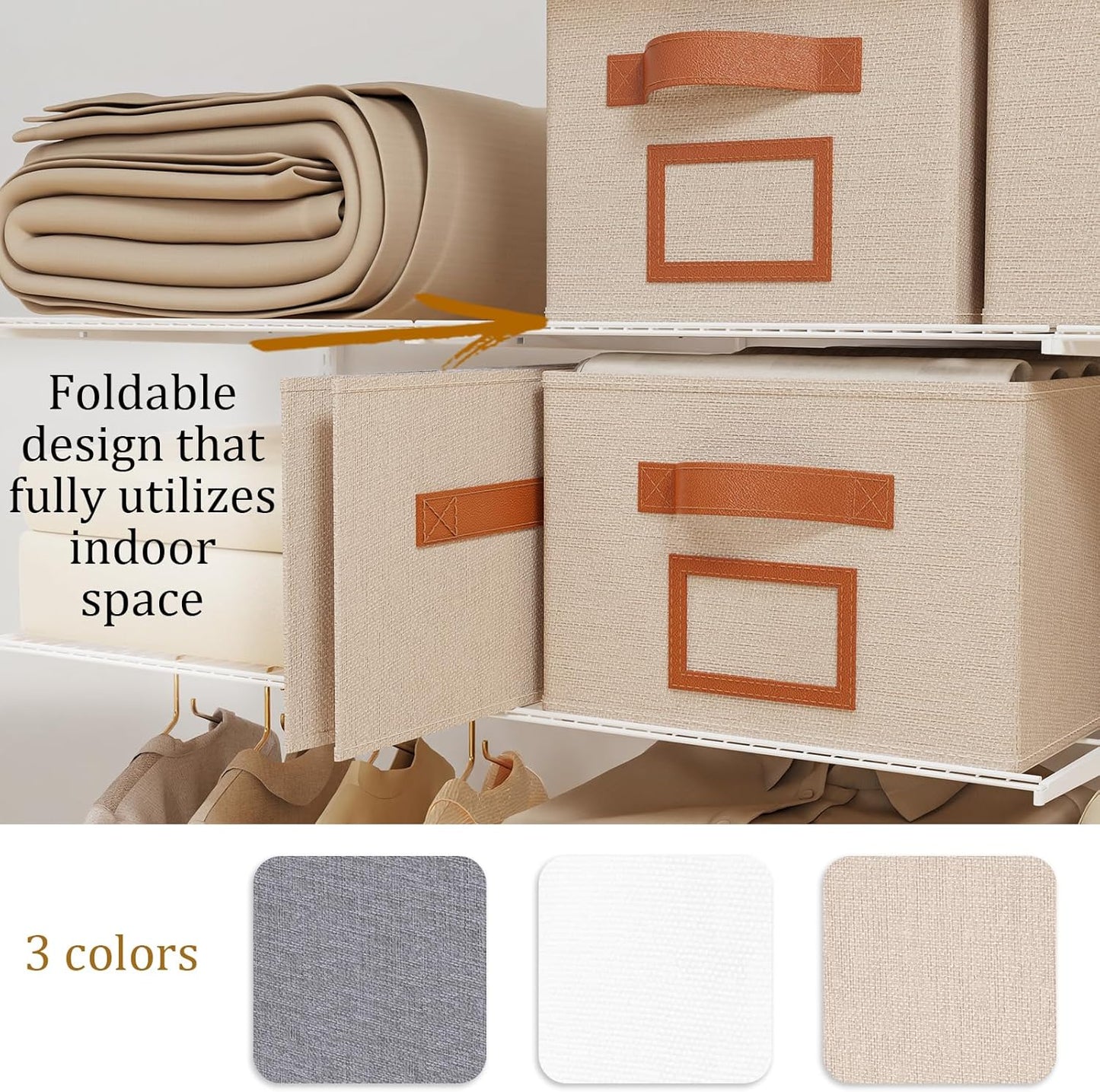 OUTBROS Foldable Storage Box for Shelves, 15.7 x 11.8 x 7.9 inch Fabric Baskets, Wardrobe Organiser with Handles, Suitable for Storing Clothes, Books, Cosmetics (Beige, 3-Pack)
