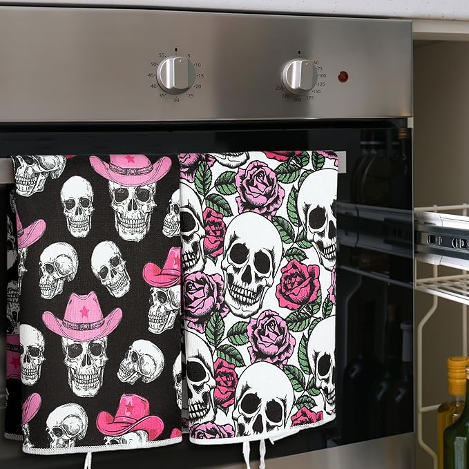 Bencailor 6 Pcs Valentines Day Skull Kitchen Towels Gothic Valentines Dish Hand Towels Skeleton Pink Red Rose Tea Washcloth for Lover Gifts Bathroom Kitchen Decor 24 x 16 inch