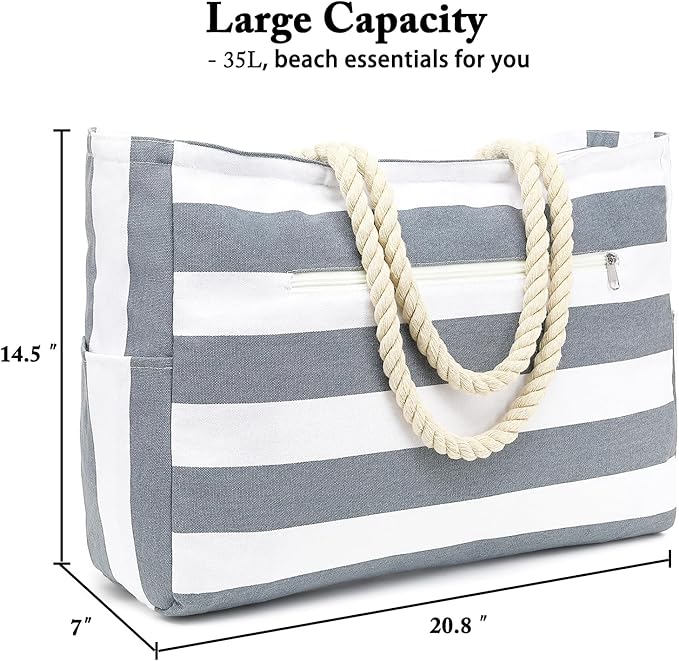 Large Canvas Beach Bag for Women, Beach Bags Waterproof Sandproof with Zipper & Wet Bag Cruise Essentials