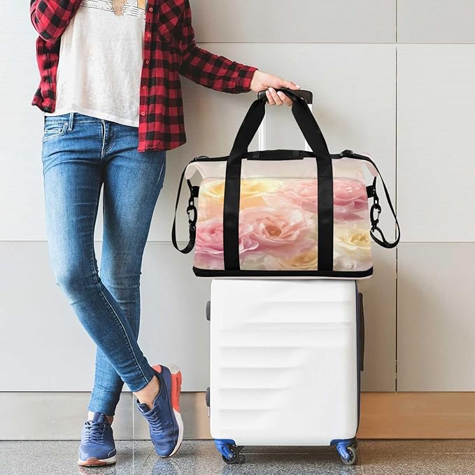 Travel Duffel Bags for Women Watercolor Roses Sports Duffel Bags Gym Bags with Shoes Compartment Tote Bag Weekender Bag for Travelling