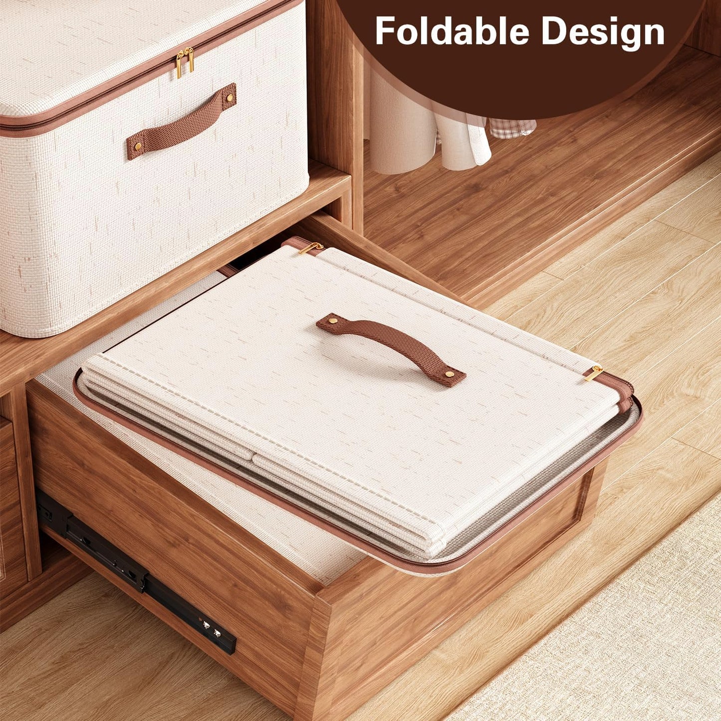 Tuza 3 Pcs Rigid Storage Bins with Zipper Lid, Cotton Linen Fabric Storage Boxes, Foldable Shelves Clothes Storage Cubes with Handles for Wardrobe, Closet(Beige, 15L)