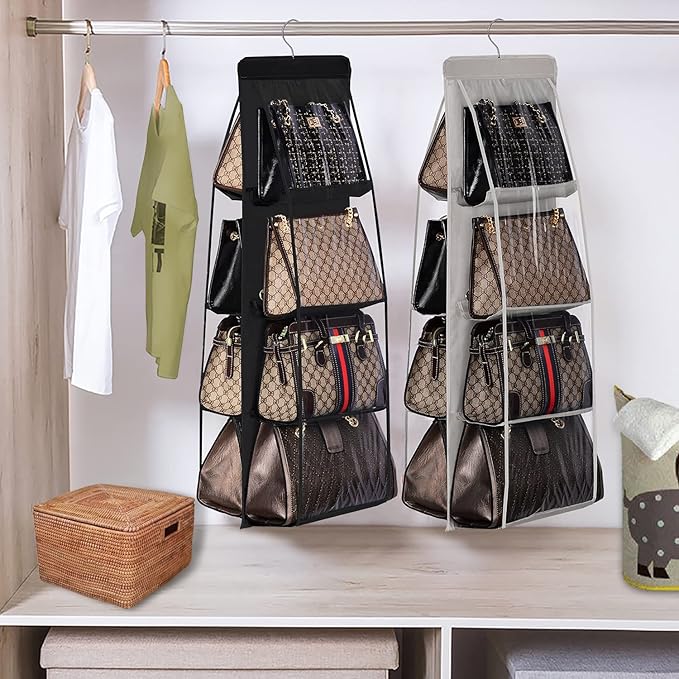 Lirex Handbag Hanging Organizer, 8 Pocket Purse Storage Hanger Oxford Cloth Closet for Family Closet Bedroom, Foldable and Universal Fit (Black)
