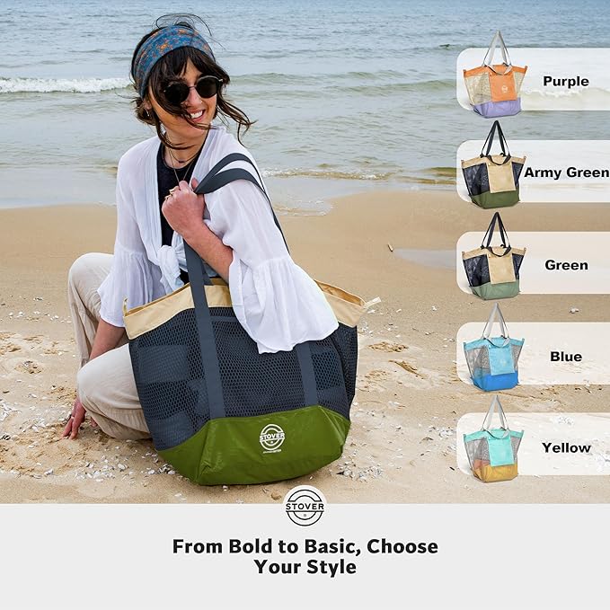 STOVER Extra Large Mesh Beach Bag, Vacation, Pool, Shopping & Travel Tote - Foldable w/Storage Pouch & Pockets for Women, Men
