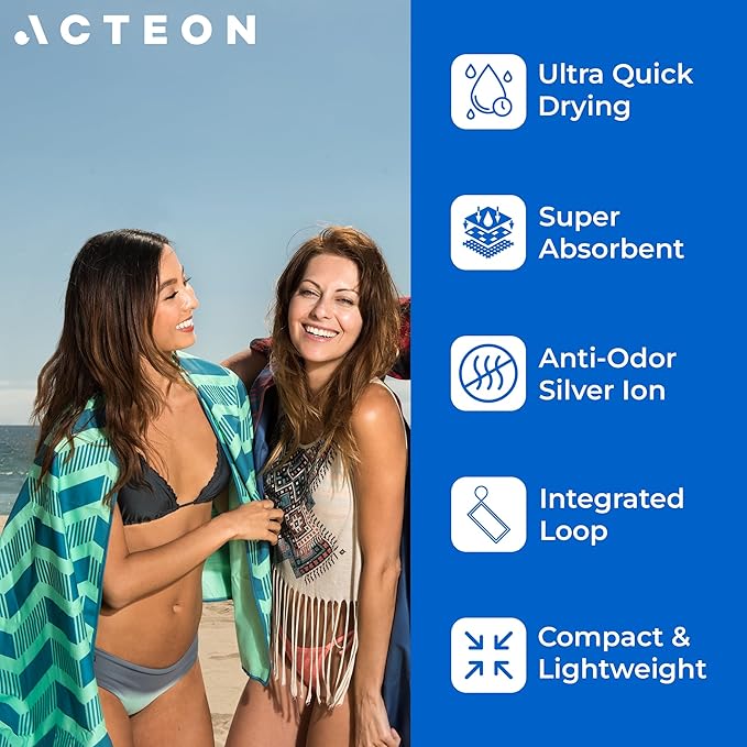 Acteon Large Microfiber Beach Towel, 64" x 30" Quick Dry Odor-Free Technology, Men & Women Fast Drying Absorbent Swim Towels for Swimmers, Sand, Pool, Travel, Hiking, Gym, Camping, Bath
