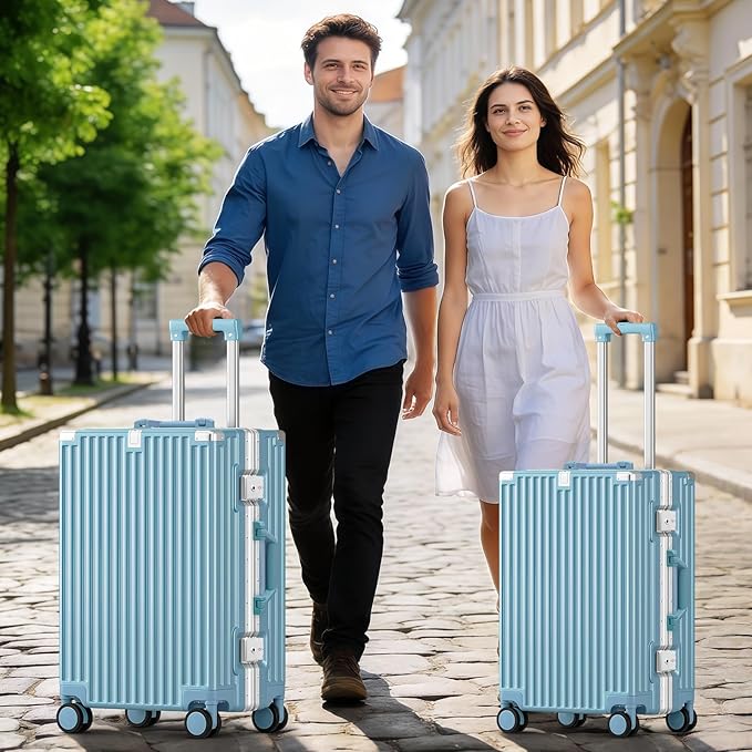 Zipperless Suitcase, 28 Inch Checked Luggage, Hardshell Aluminum Frame Polycarbonate Luggage with Phone Holder, Cup Holder, Charging Port, TSA Lock, Spinner Wheels for Vacations, Blue