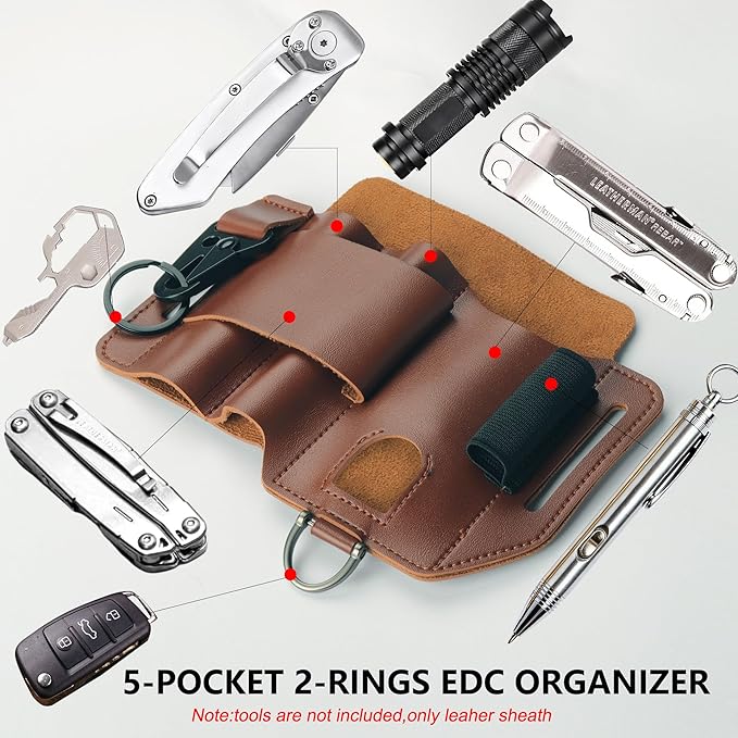 Genuine Leather EDC 5-Pocket Organizer Multitool Sheath for Leatherman Tool Pouch with Belt Clip,Small,Brown