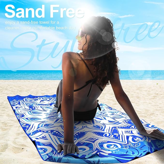 4 Packs Lightweight Thin Microfiber Beach Towel Oversized Quick Dry Compact Sandproof Clearance Towels Sand Free Camping Swimming Pool Easy Pack Essentials Women AdultsBohemian Blue Vortex Stripes