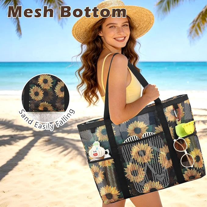 Mesh Beach Bag with Zipper, Large Beach Tote for Women, Toys Pool Swim Bag Travel Vacation Cruise Essentials