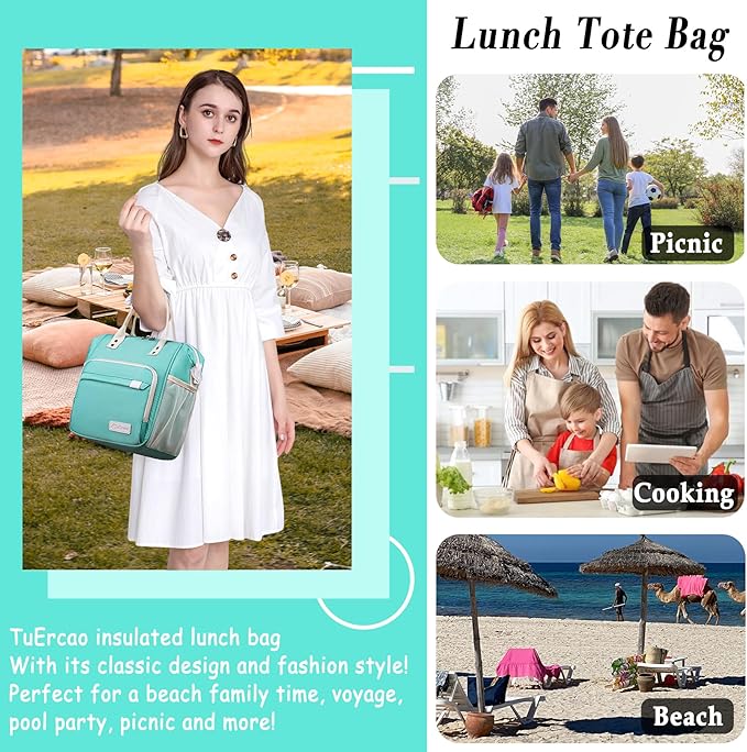 TuErCao Preppy Lunch Box for Women Aesthetic Insulated Lunch Bag for Young Ladies Female, Teal