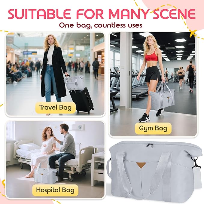Duffle Bag for Travel, Carry-on Travel Bag with Trolley Sleeve, Sport Gym Bag for Women, Overnight Bag for Men, Hospital Bag for Labor and Delivery (Grey)